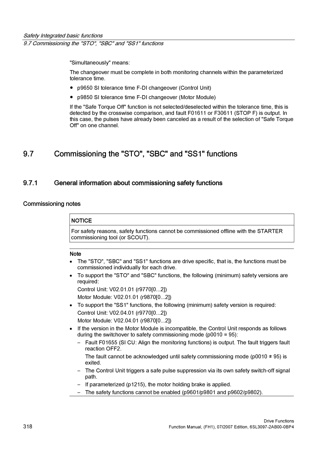 Efficient Networks S120 manual Commissioning the STO, SBC and SS1 functions, Commissioning notes 