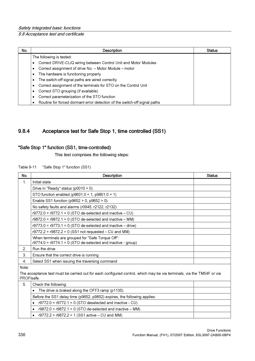 Efficient Networks S120 Acceptance test for Safe Stop 1, time controlled SS1, Safe Stop 1 function SS1, time-controlled 