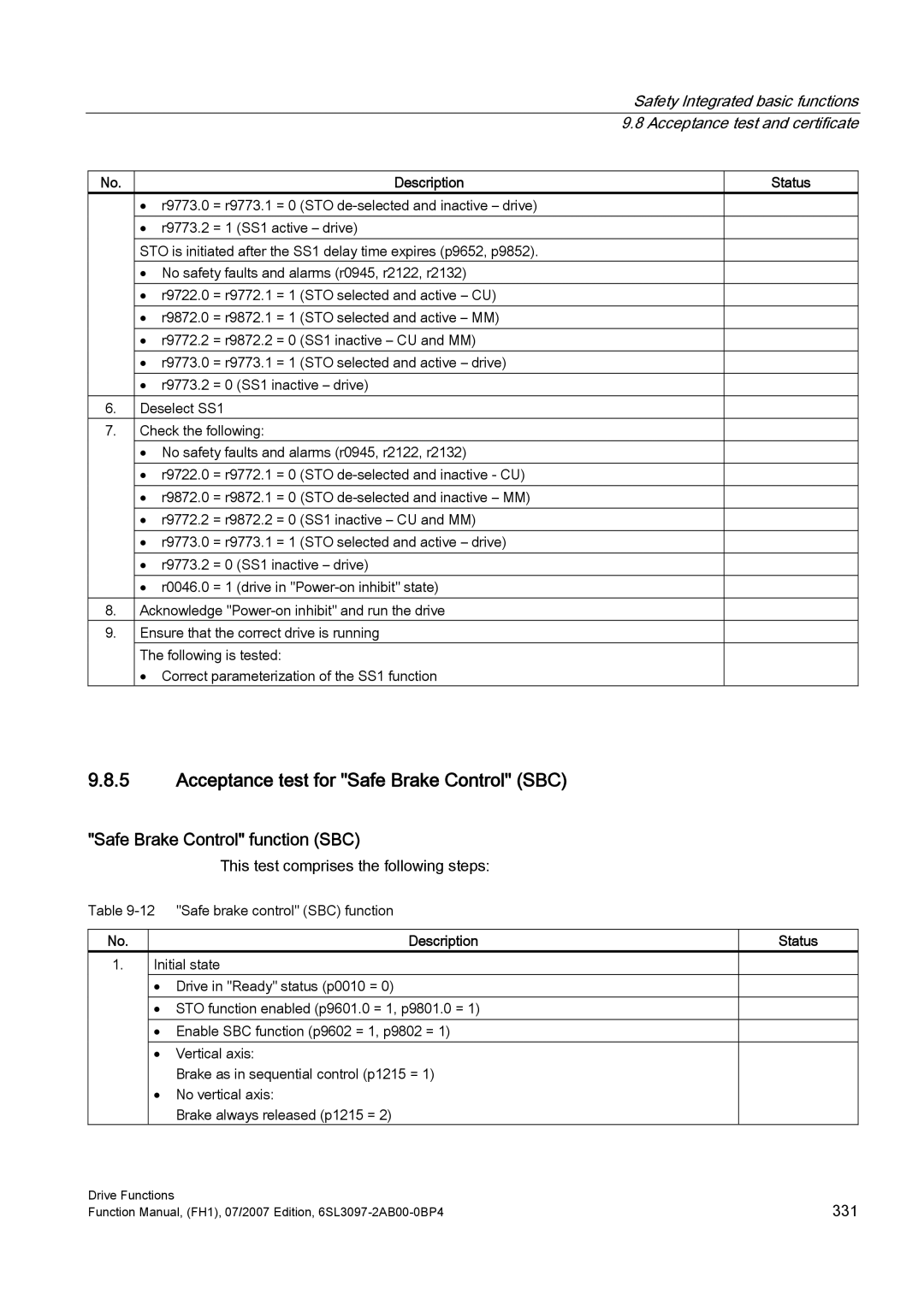 Efficient Networks S120 manual Acceptance test for Safe Brake Control SBC, Safe Brake Control function SBC 