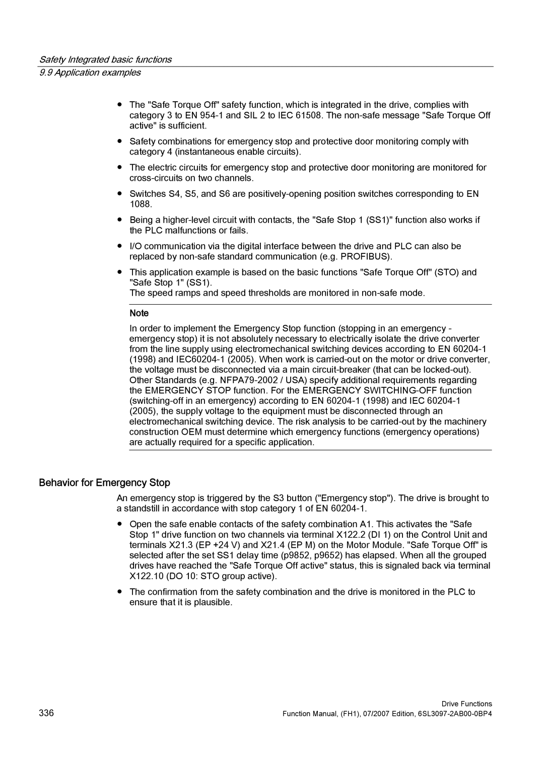 Efficient Networks S120 manual Behavior for Emergency Stop, Safety Integrated basic functions Application examples 