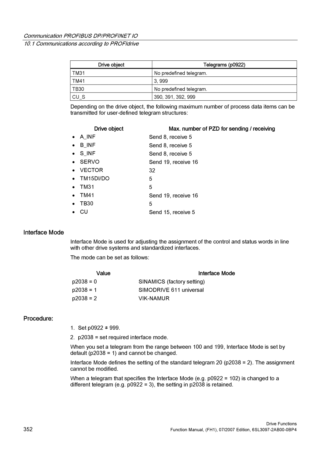 Efficient Networks S120 manual Interface Mode, Procedure, Drive object, Value, Cus 