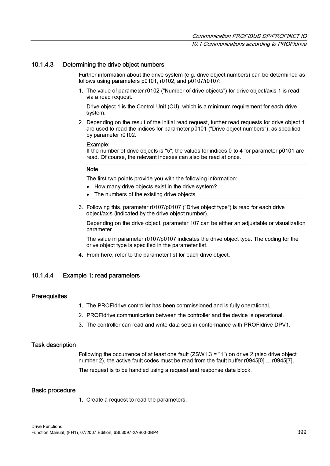 Efficient Networks S120 Determining the drive object numbers, Example 1 read parameters Prerequisites, Task description 