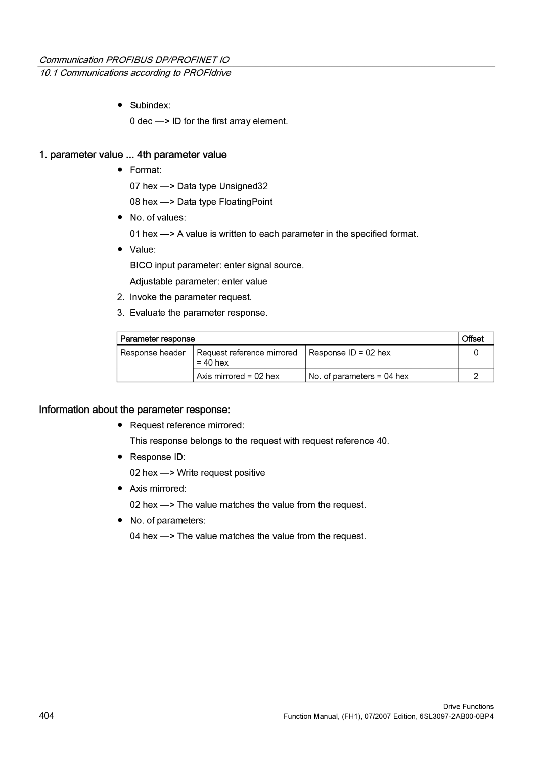 Efficient Networks S120 manual Parameter value .. th parameter value, Parameter response Offset 