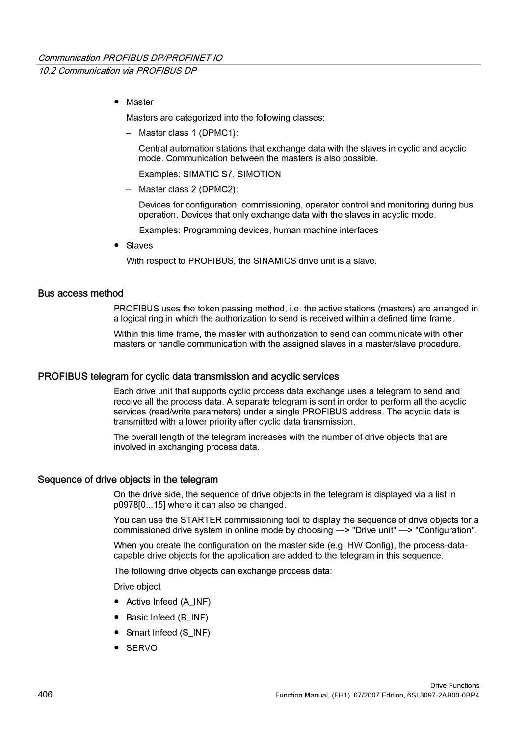 Efficient Networks S120 manual Bus access method, Sequence of drive objects in the telegram 