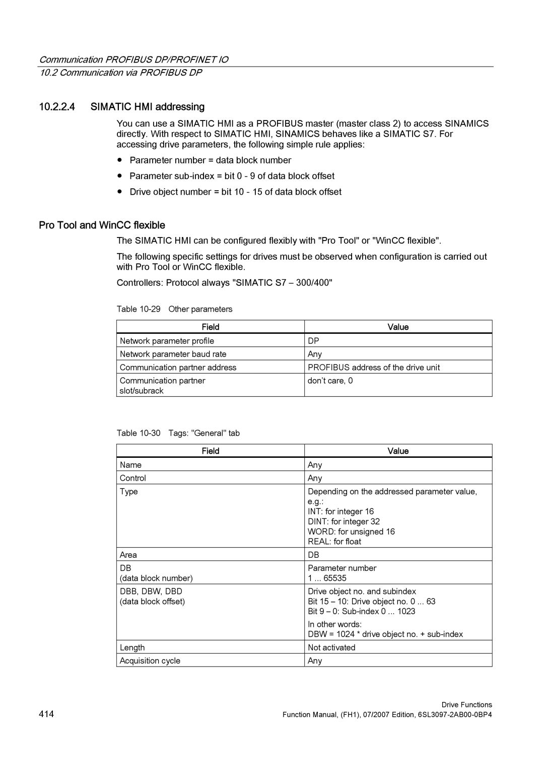 Efficient Networks S120 manual Simatic HMI addressing, Pro Tool and WinCC flexible, Field Value, Dbb, Dbw, Dbd 