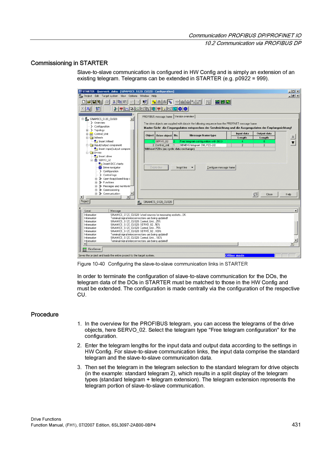 Efficient Networks S120 manual Commissioning in Starter, Procedure 