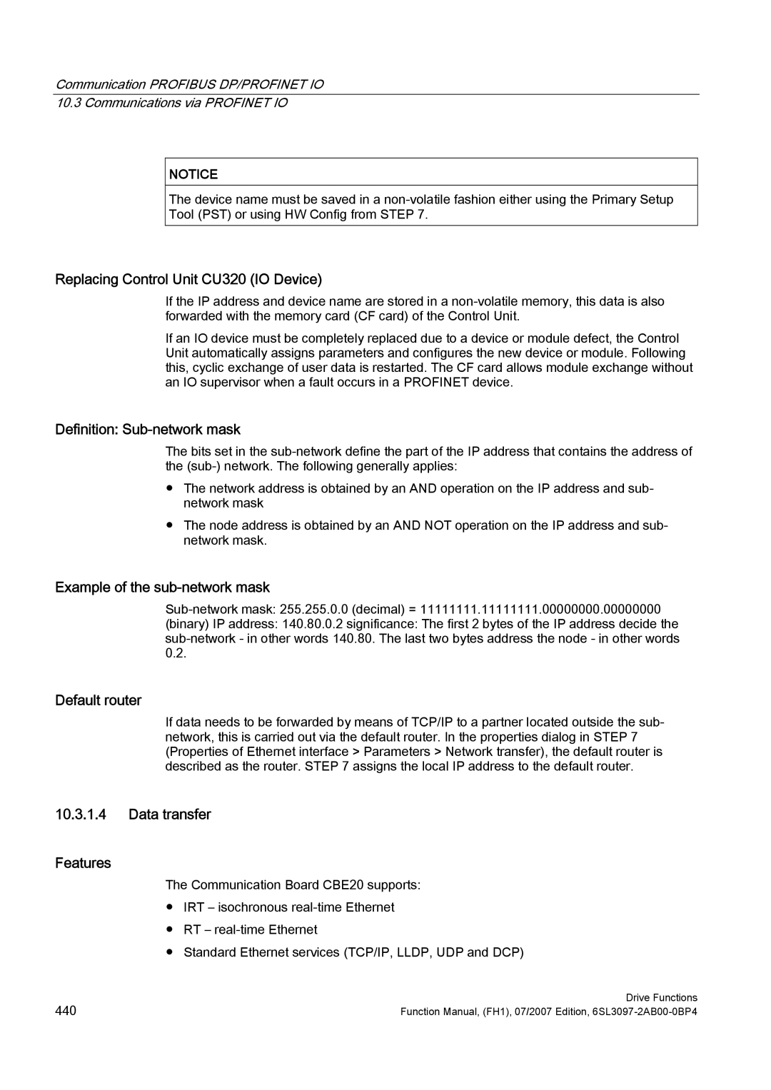 Efficient Networks S120 manual Replacing Control Unit CU320 IO Device, Definition Sub-network mask, Default router 