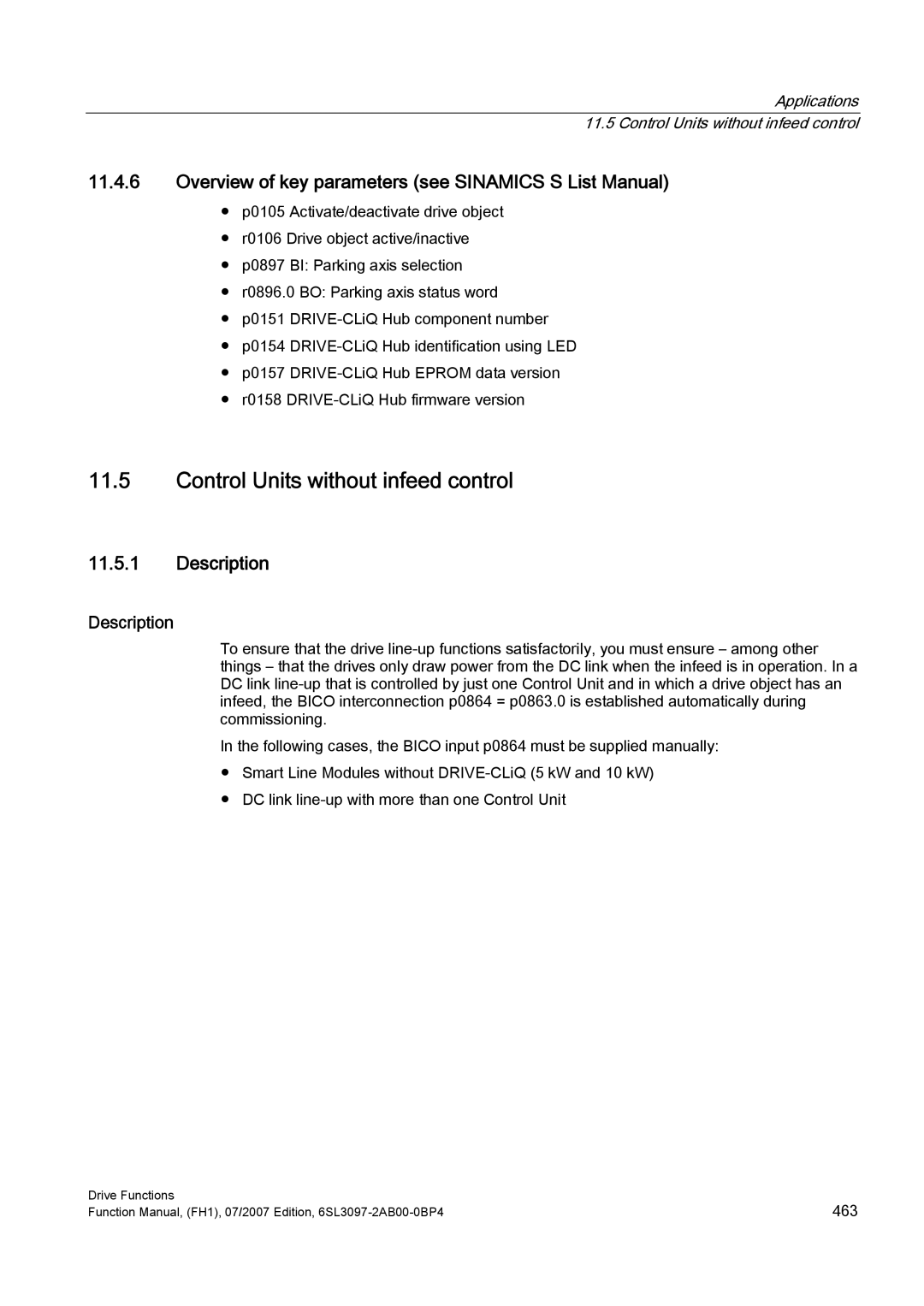 Efficient Networks S120 manual Control Units without infeed control, Overview of key parameters see Sinamics S List Manual 