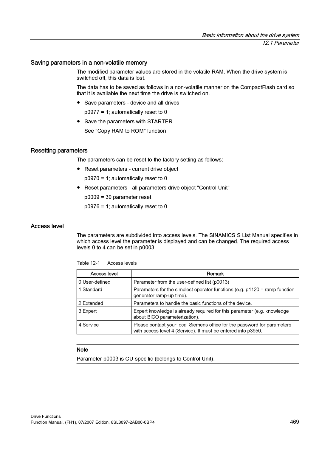 Efficient Networks S120 manual Saving parameters in a non-volatile memory, Resetting parameters, Access level 