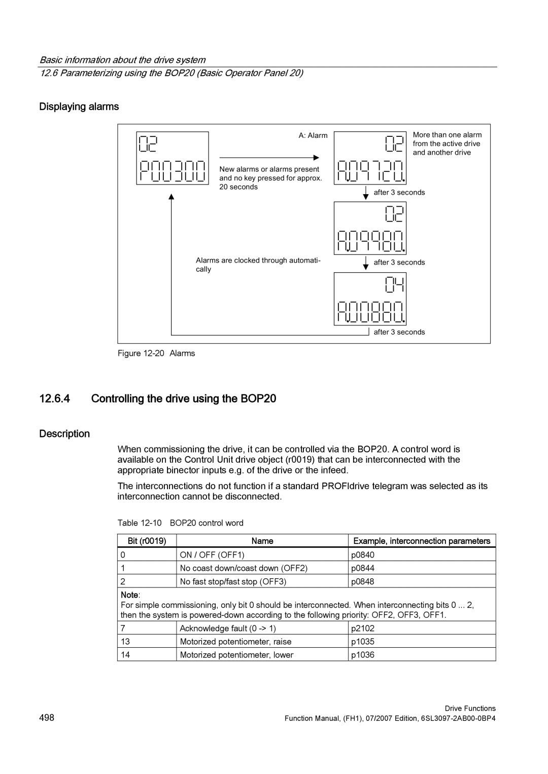 Efficient Networks S120 manual Controlling the drive using the BOP20, Displaying alarms, Bit r0019 Name, On / OFF OFF1 