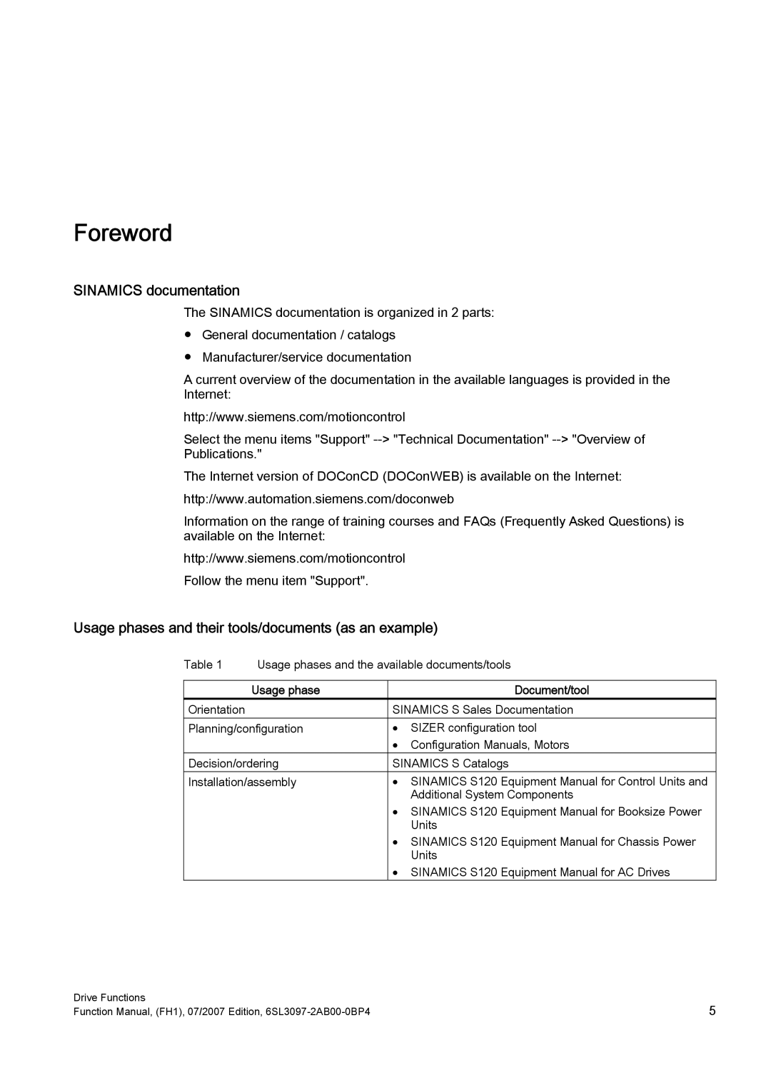 Efficient Networks S120 manual Sinamics documentation, Usage phases and their tools/documents as an example 