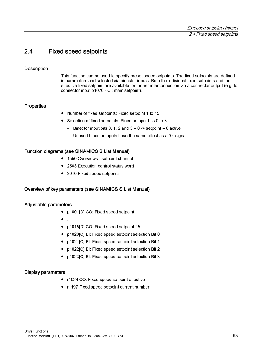 Efficient Networks S120 manual Fixed speed setpoints, Properties, Display parameters 