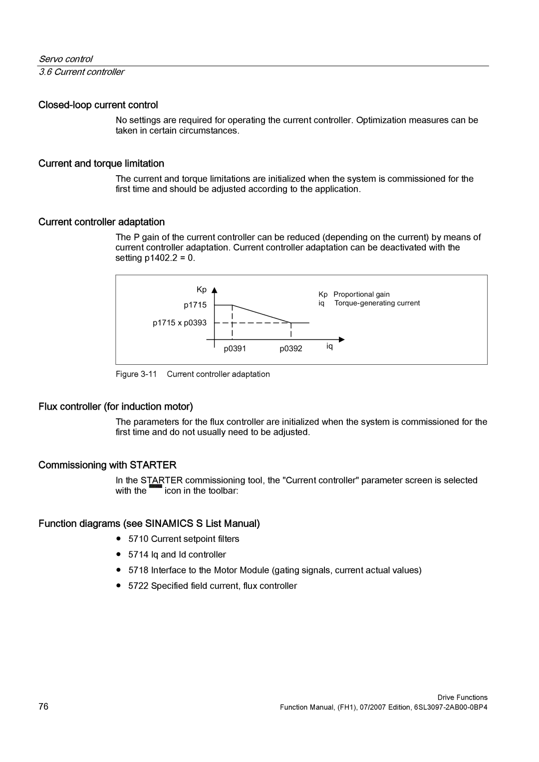 Efficient Networks S120 manual Closed-loop current control, Current and torque limitation, Current controller adaptation 