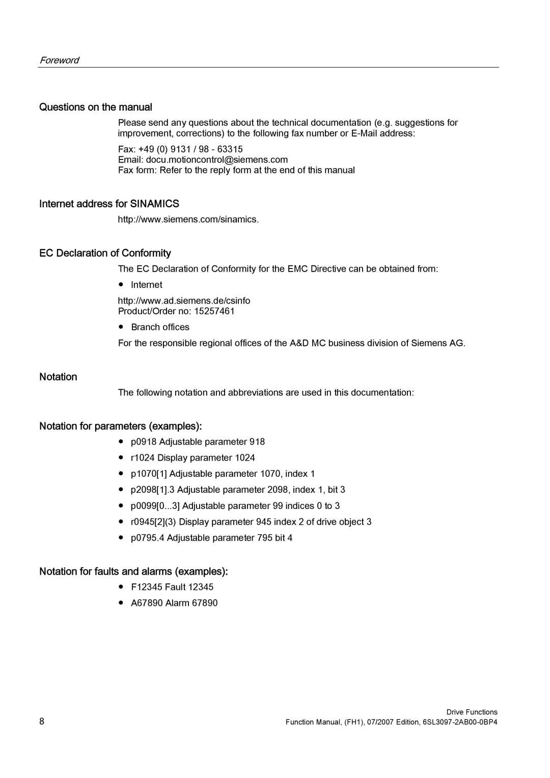 Efficient Networks S120 Questions on the manual, Internet address for Sinamics EC Declaration of Conformity, Notation 