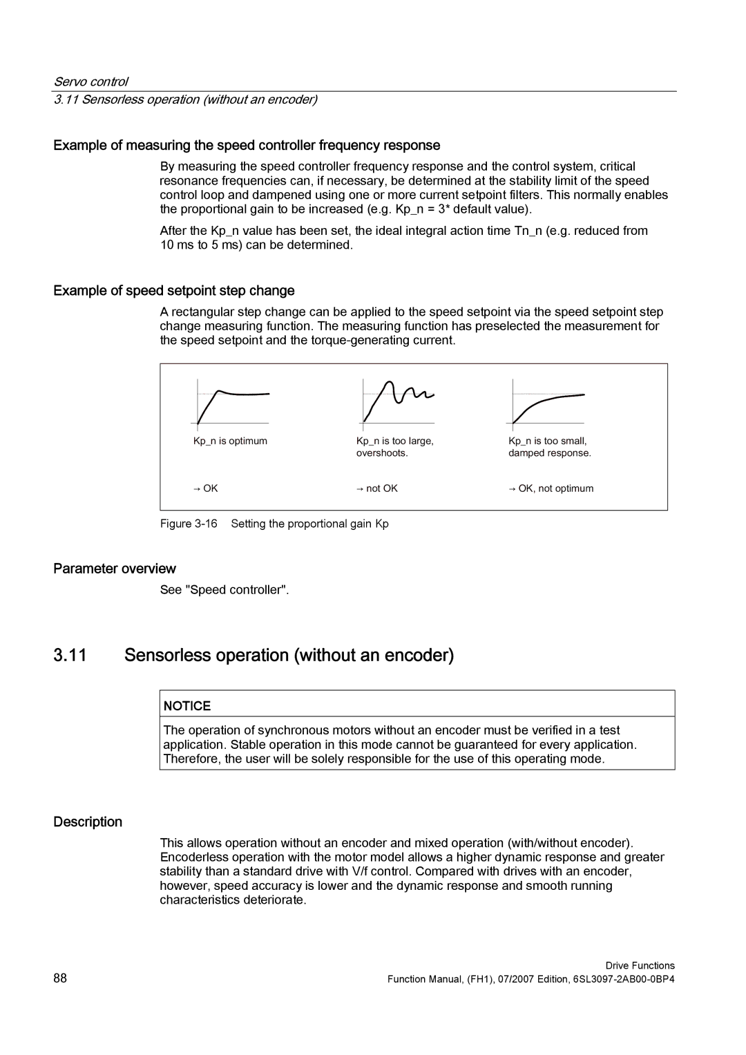 Efficient Networks S120 Sensorless operation without an encoder, Example of speed setpoint step change, Parameter overview 