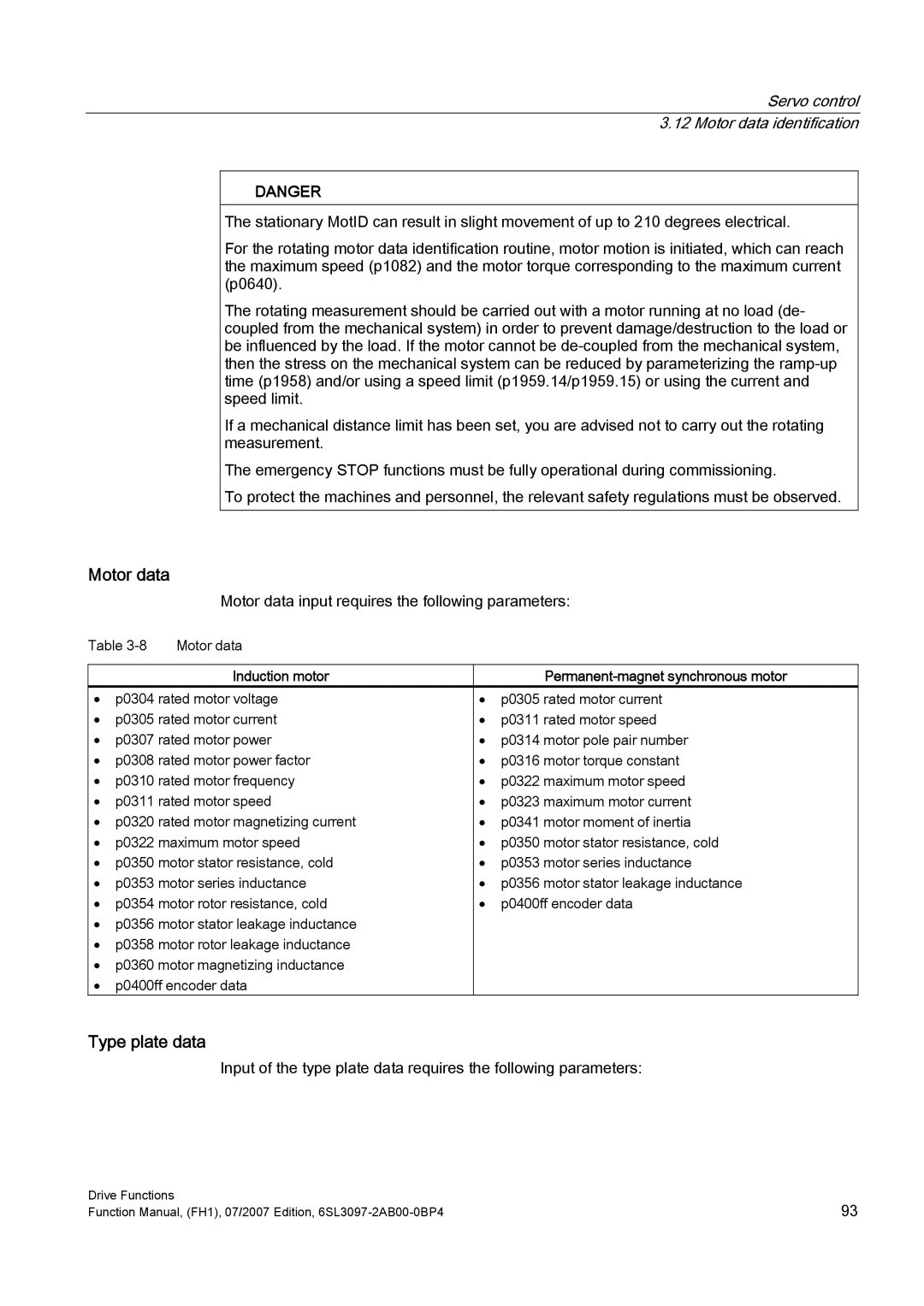 Efficient Networks S120 manual Type plate data, Servo control 3.12 Motor data identification 