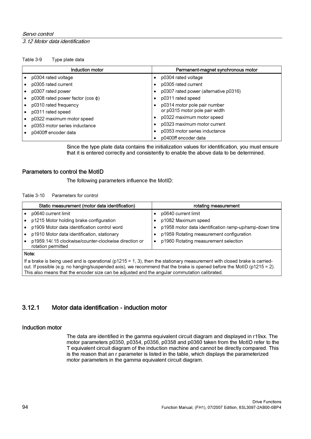 Efficient Networks S120 manual Motor data identification induction motor, Parameters to control the MotID, Induction motor 