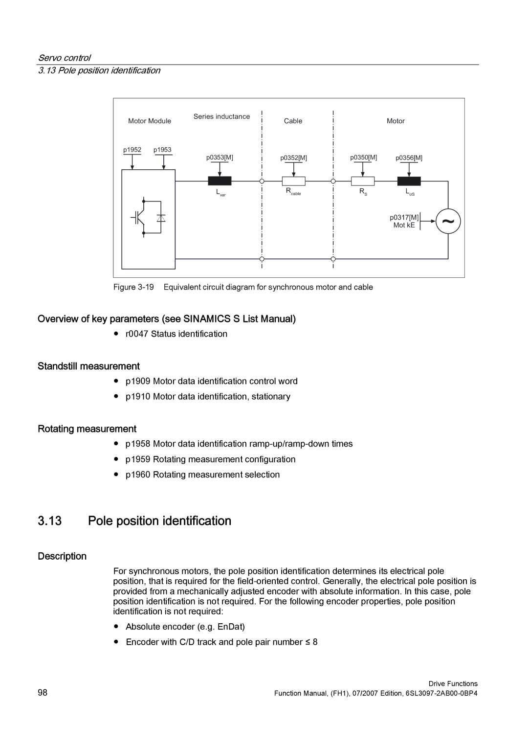 Efficient Networks S120 manual Pole position identification, Standstill measurement, Rotating measurement 