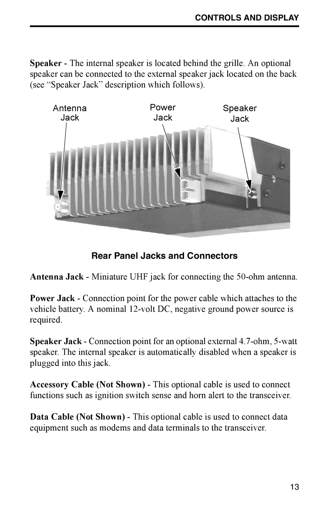 EFJohnson 002-9800-401 manual Rear Panel Jacks and Connectors 