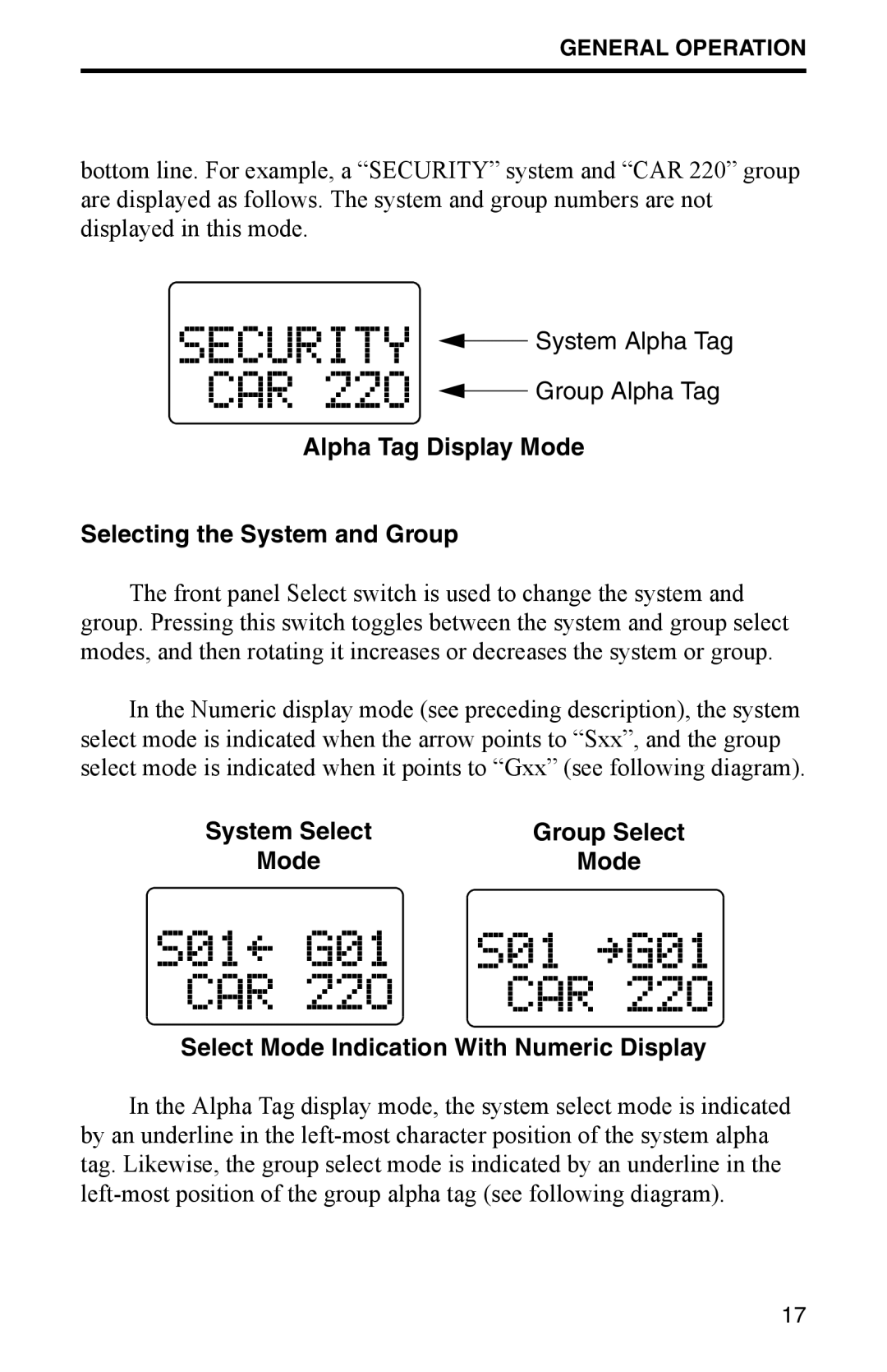 EFJohnson 002-9800-401 Alpha Tag Display Mode Selecting the System and Group, Select Mode Indication With Numeric Display 