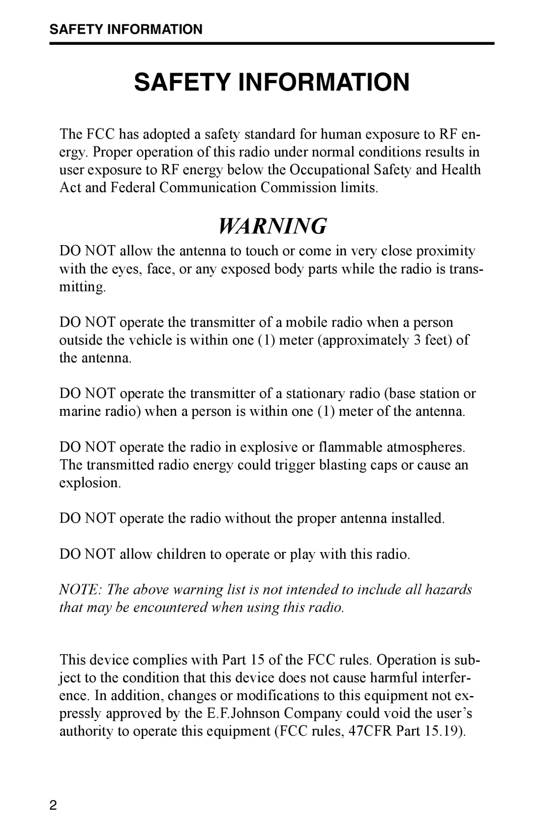 EFJohnson 002-9800-401 manual Safety Information 