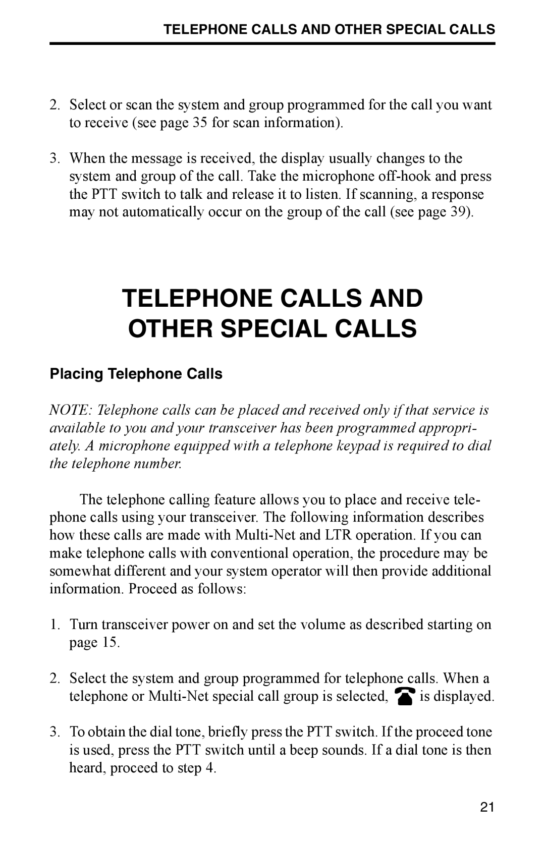 EFJohnson 002-9800-401 manual Telephone Calls Other Special Calls, Placing Telephone Calls 