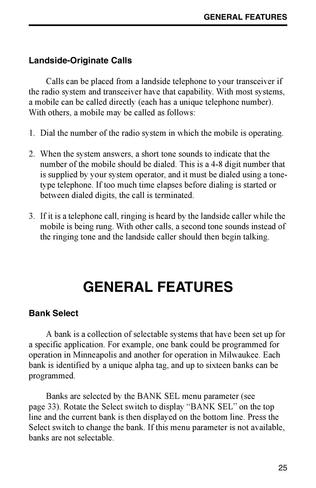 EFJohnson 002-9800-401 manual General Features, Landside-Originate Calls, Bank Select 