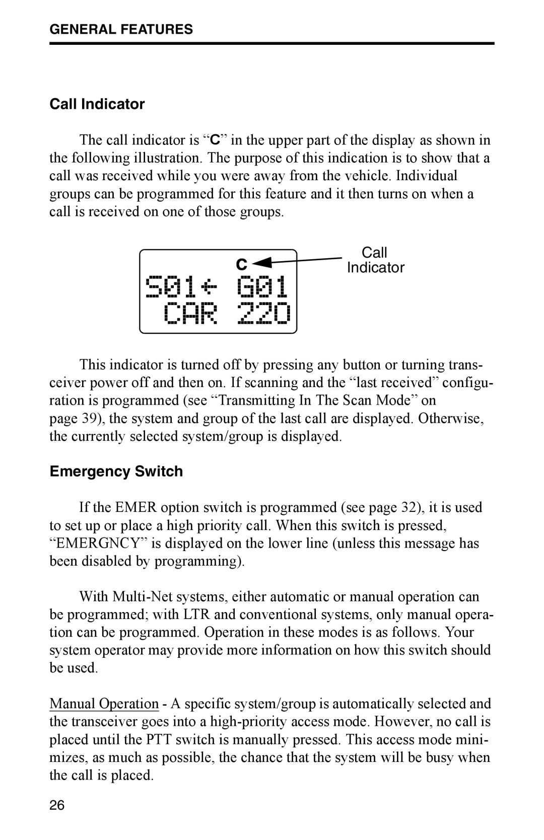 EFJohnson 002-9800-401 manual Call Indicator, Emergency Switch 