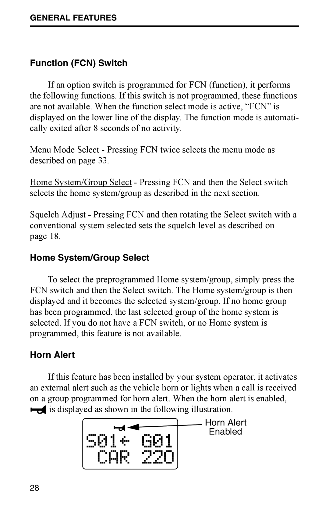 EFJohnson 002-9800-401 manual Function FCN Switch, Home System/Group Select, Horn Alert 