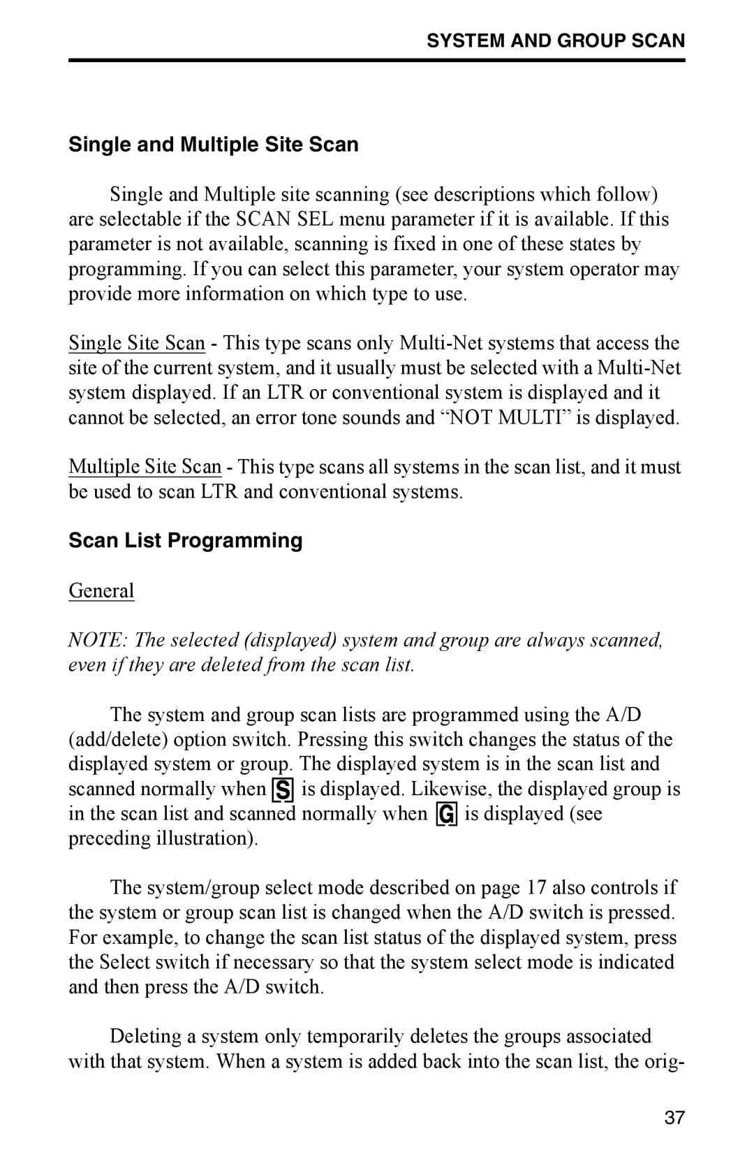 EFJohnson 002-9800-401 manual Single and Multiple Site Scan, Scan List Programming 