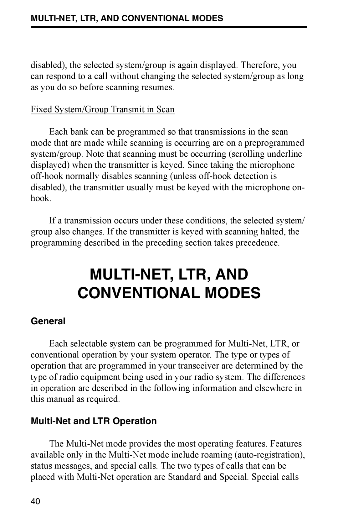 EFJohnson 002-9800-401 manual MULTI-NET, LTR, Conventional Modes, General 