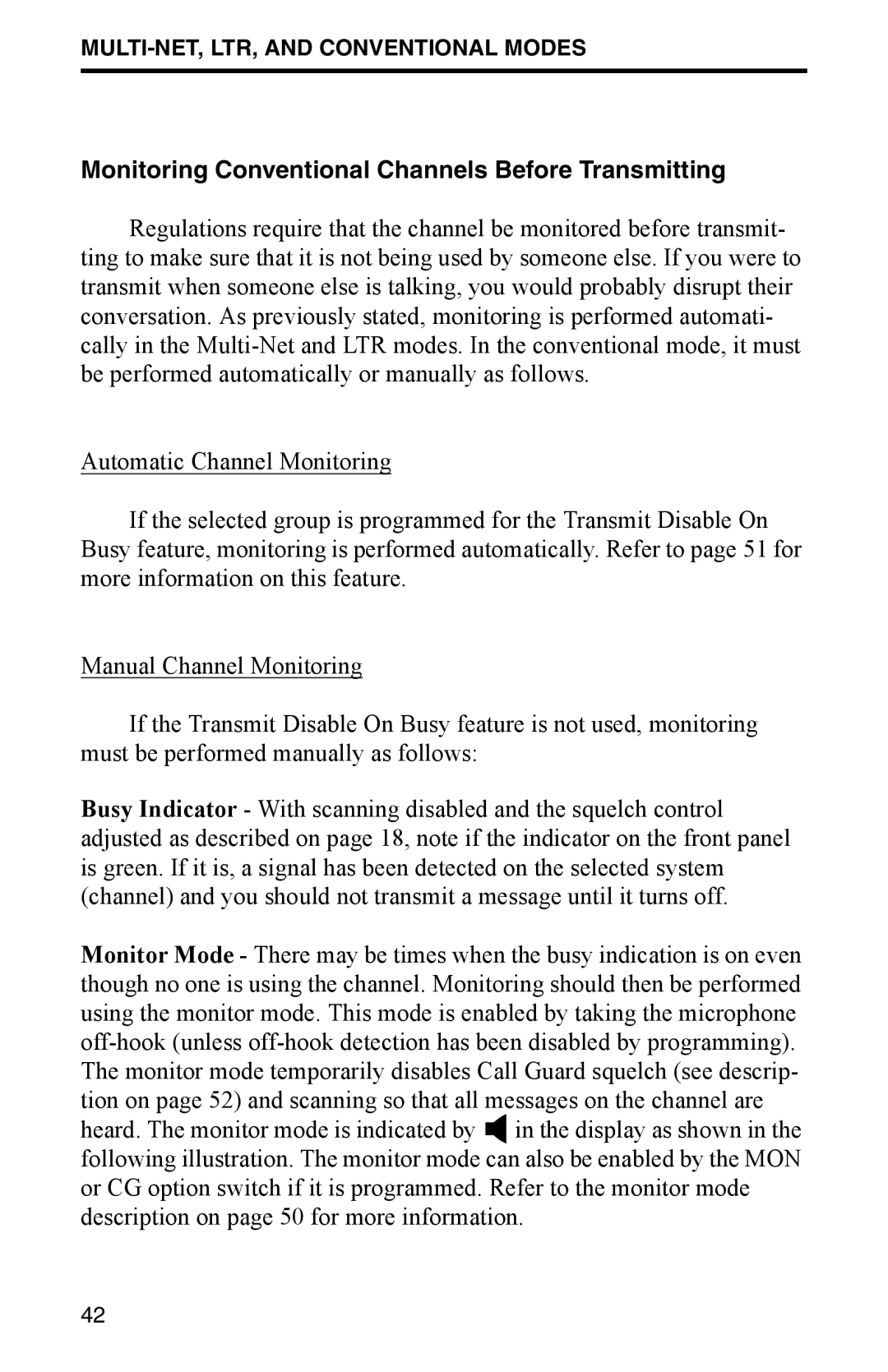 EFJohnson 002-9800-401 manual Monitoring Conventional Channels Before Transmitting 