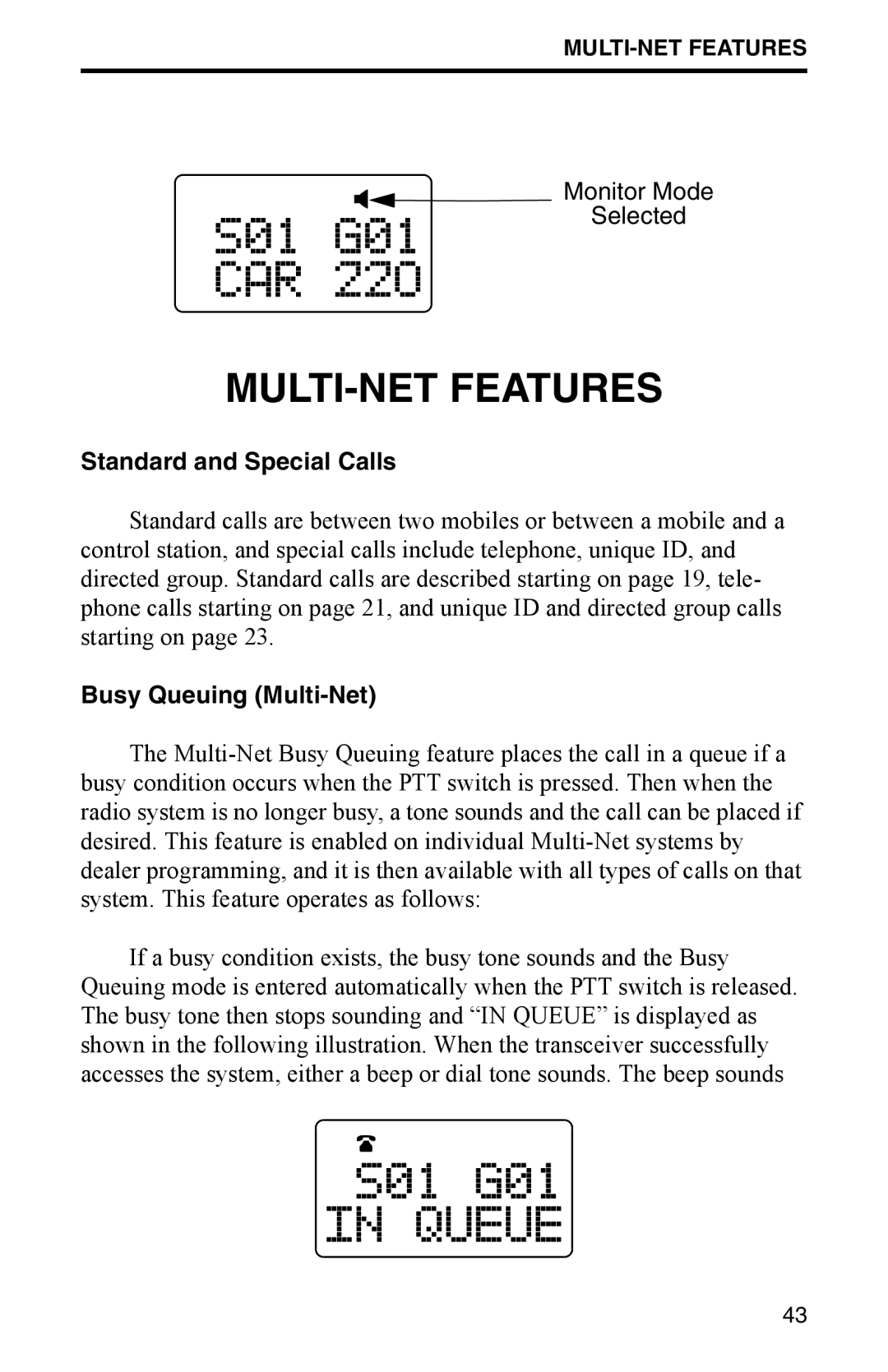 EFJohnson 002-9800-401 manual MULTI-NET Features, Standard and Special Calls, Busy Queuing Multi-Net 