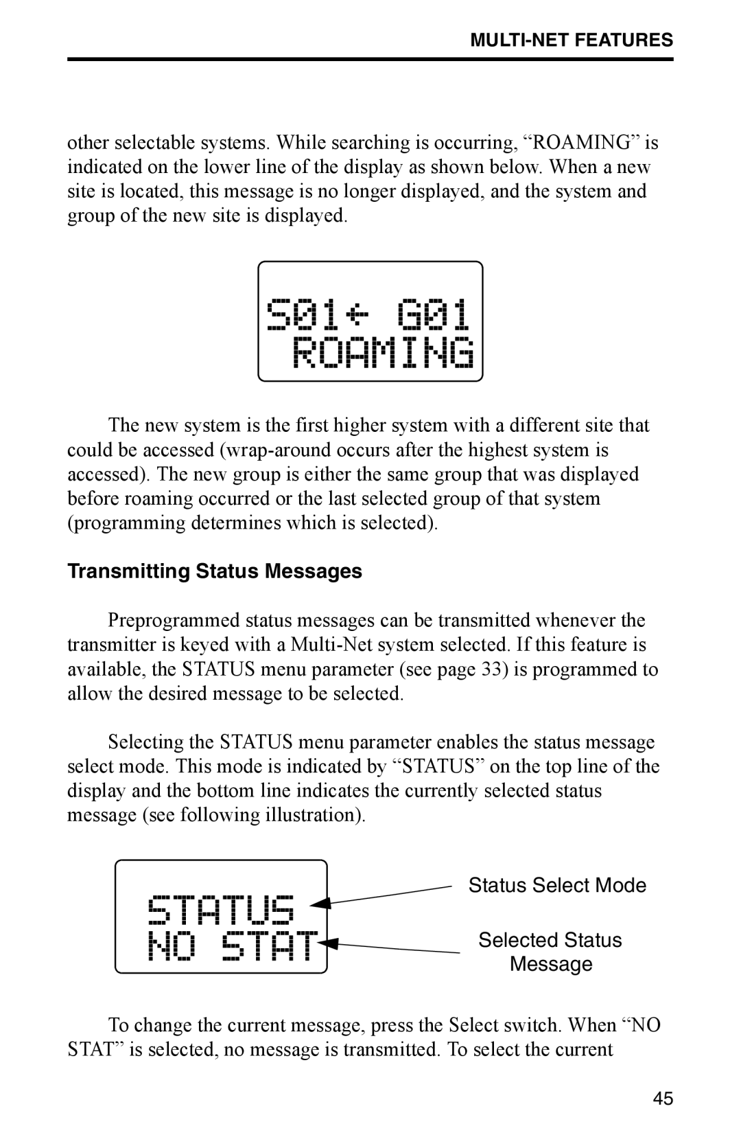 EFJohnson 002-9800-401 manual Transmitting Status Messages, Status Select Mode Selected Status Message 