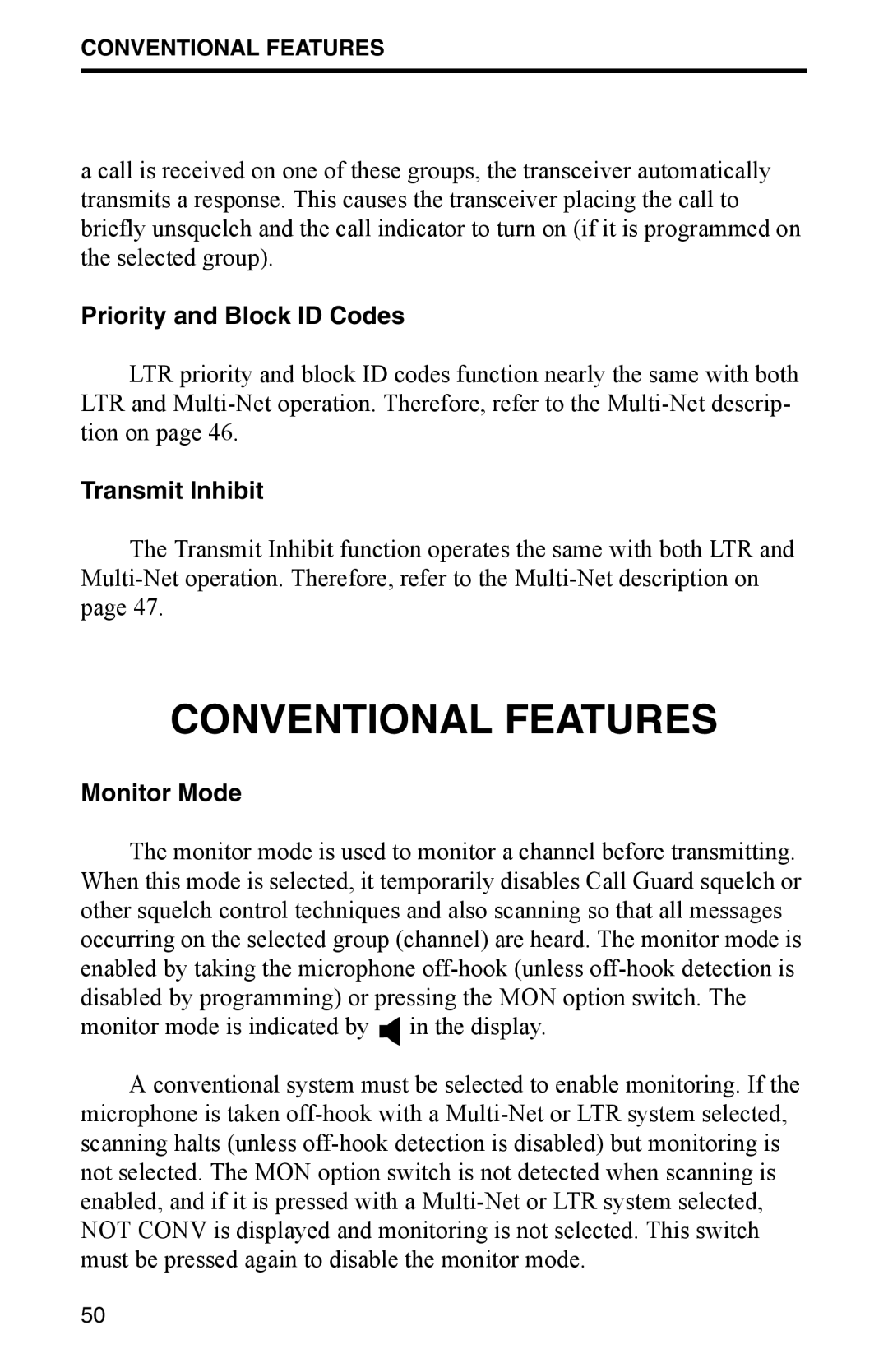 EFJohnson 002-9800-401 manual Conventional Features, Priority and Block ID Codes, Monitor Mode 