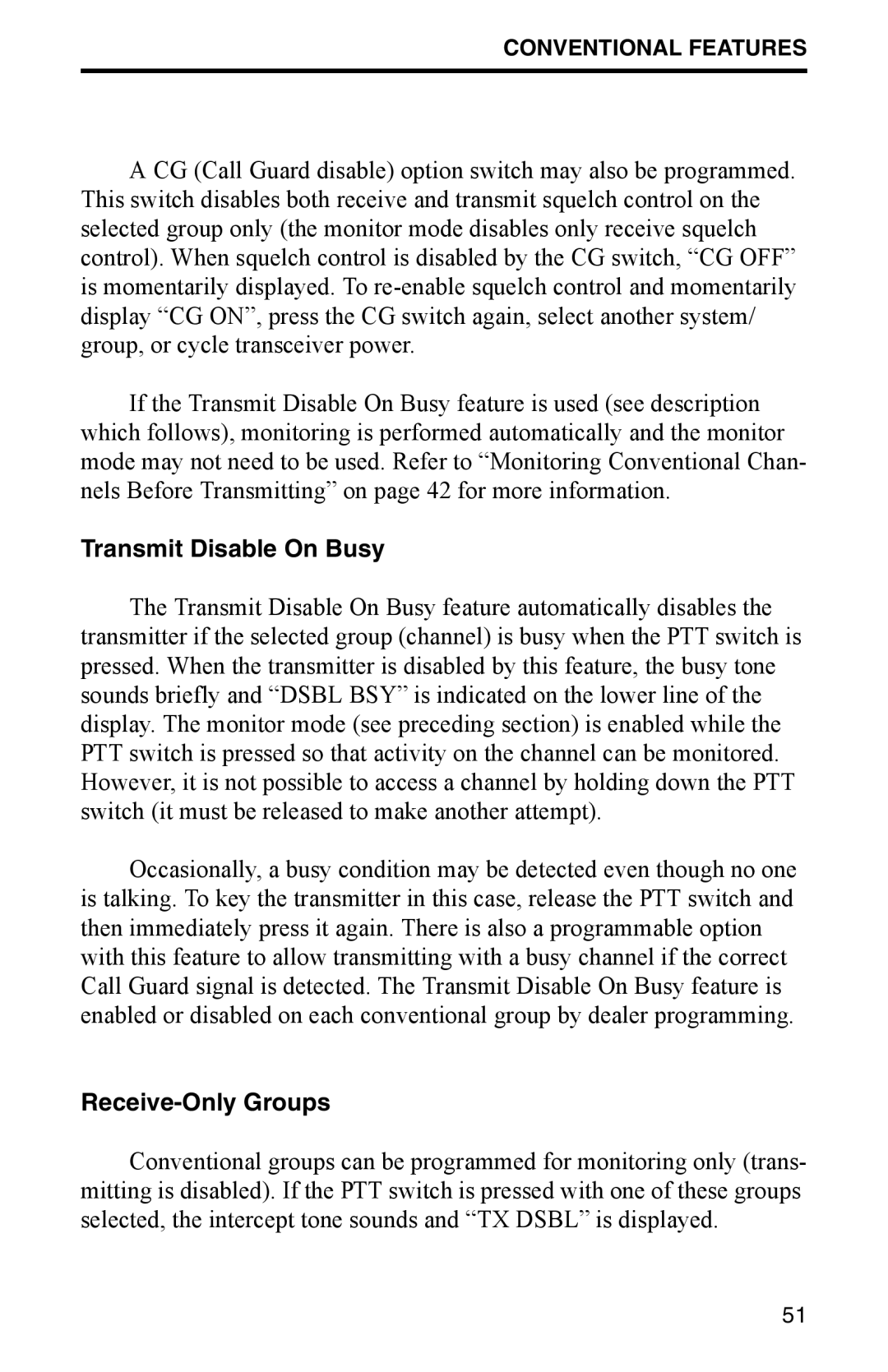 EFJohnson 002-9800-401 manual Transmit Disable On Busy, Receive-Only Groups 