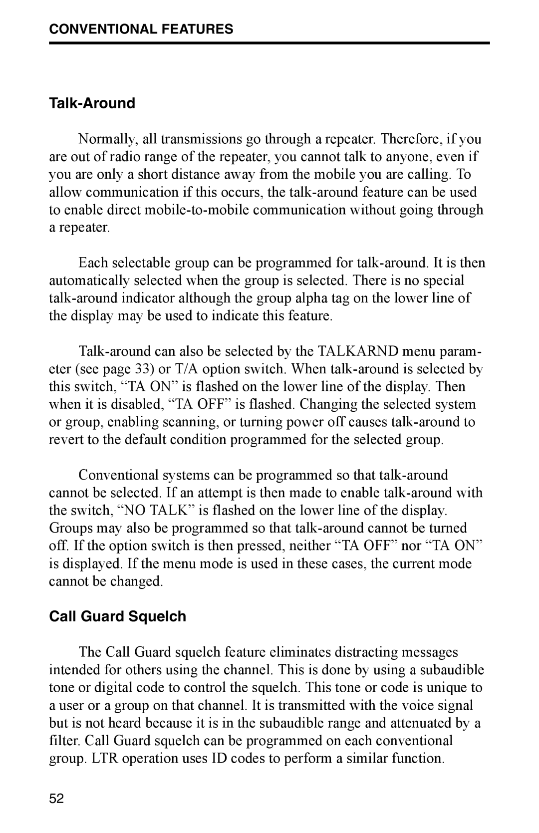 EFJohnson 002-9800-401 manual Talk-Around, Call Guard Squelch 