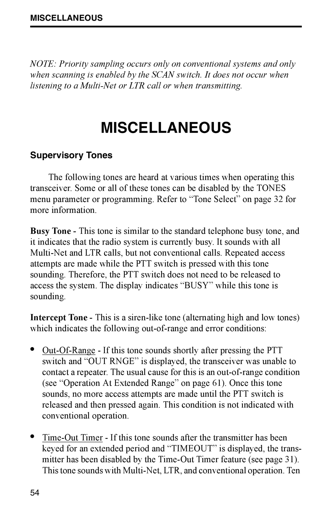 EFJohnson 002-9800-401 manual Miscellaneous, Supervisory Tones 