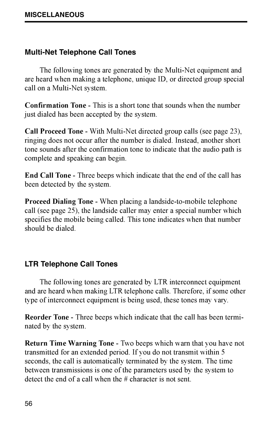 EFJohnson 002-9800-401 manual Multi-Net Telephone Call Tones, LTR Telephone Call Tones 