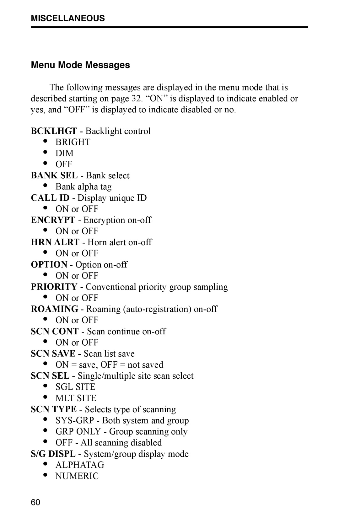 EFJohnson 002-9800-401 manual Menu Mode Messages, Bright DIM OFF 