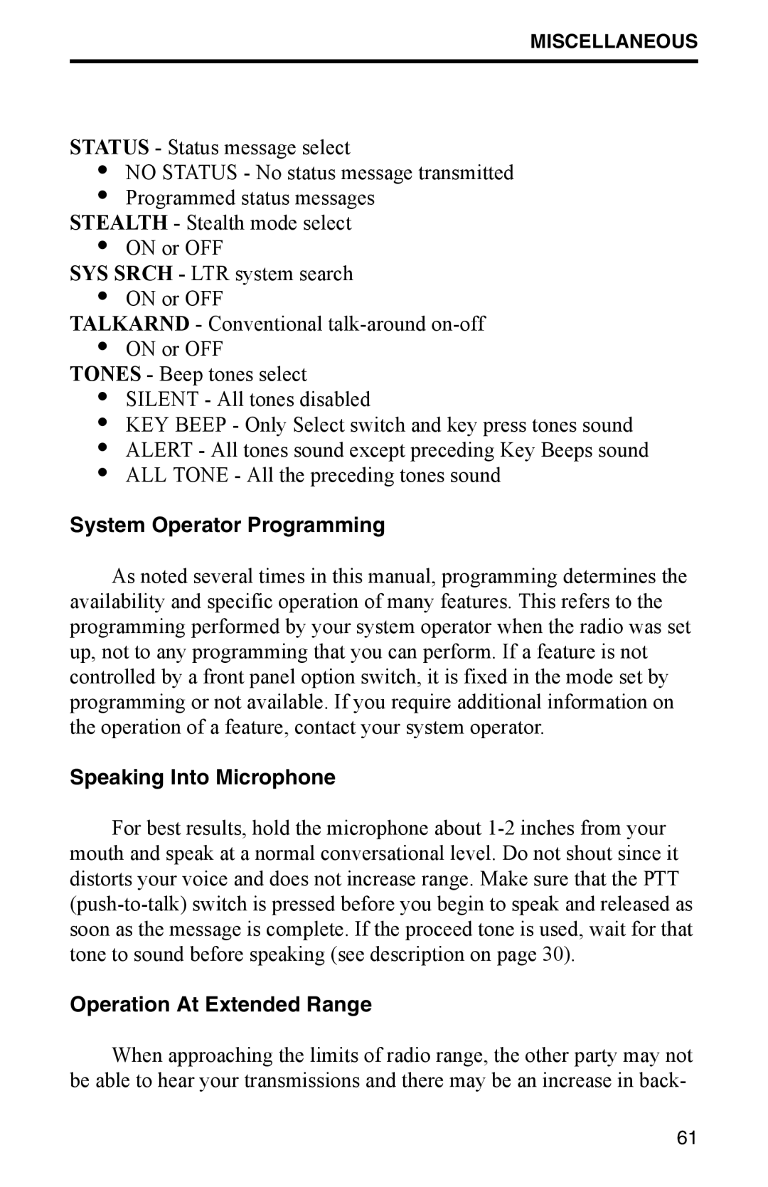 EFJohnson 002-9800-401 manual System Operator Programming, Speaking Into Microphone, Operation At Extended Range 