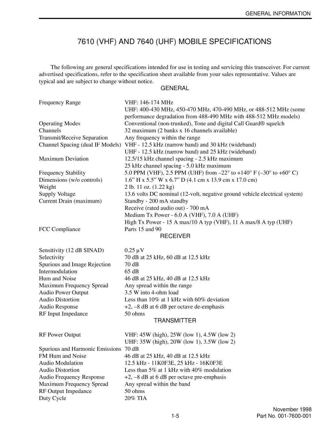 EFJohnson 764X, 761X service manual VHF and 7640 UHF Mobile Specifications, General 