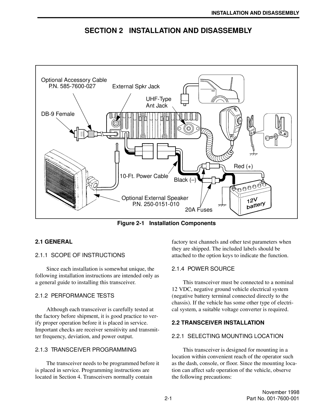 EFJohnson 764X, 761X service manual Installation and Disassembly, Transceiver Installation 