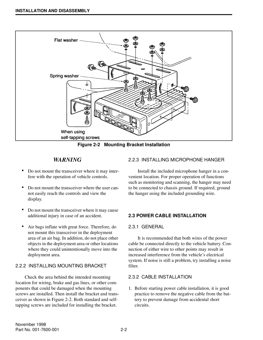 EFJohnson 761X, 764X service manual Installing Mounting Bracket, Installing Microphone Hanger, Power Cable Installation 