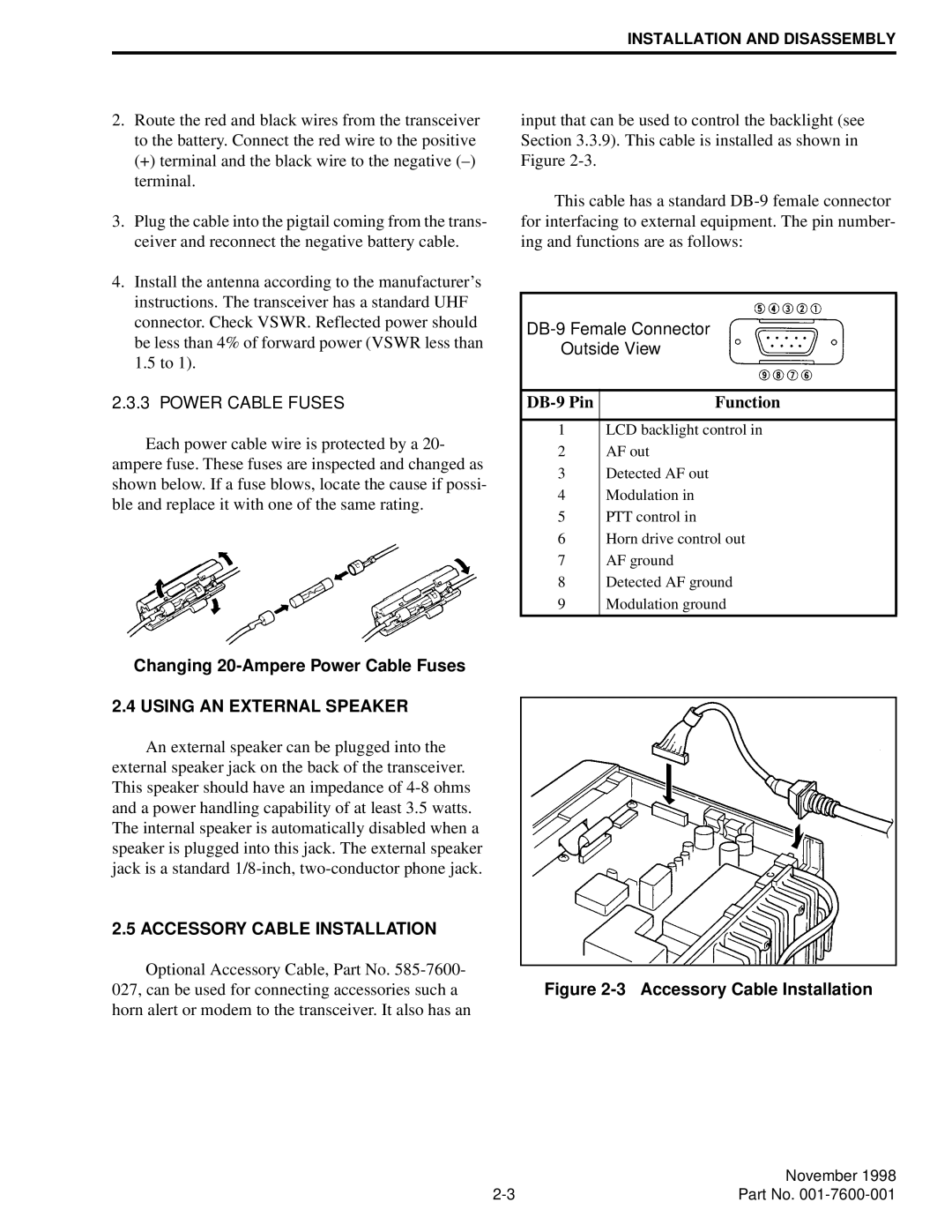 EFJohnson 764X, 761X service manual DB-9 Pin Function, Changing 20-Ampere Power Cable Fuses, Using AN External Speaker 