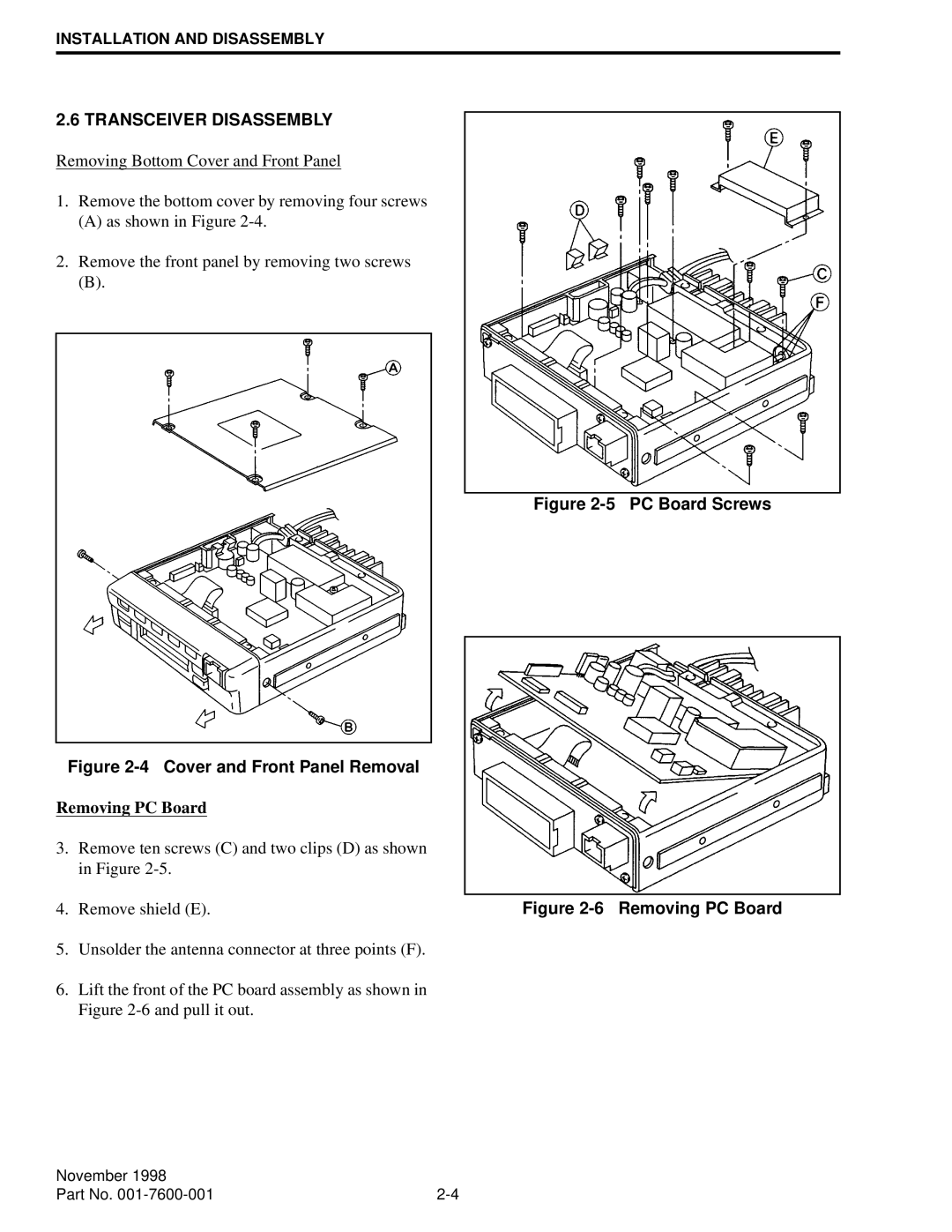 EFJohnson 761X, 764X service manual Transceiver Disassembly, Removing PC Board, Remove shield E 