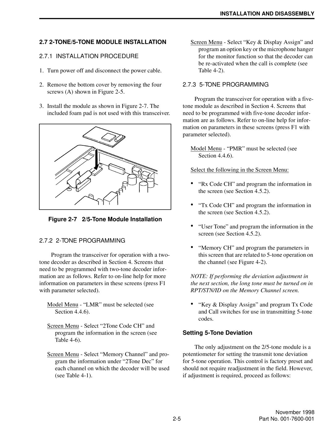 EFJohnson 764X, 761X TONE/5-TONE Module Installation, Installation Procedure, 2 2-TONE Programming, 3 5-TONE Programming 