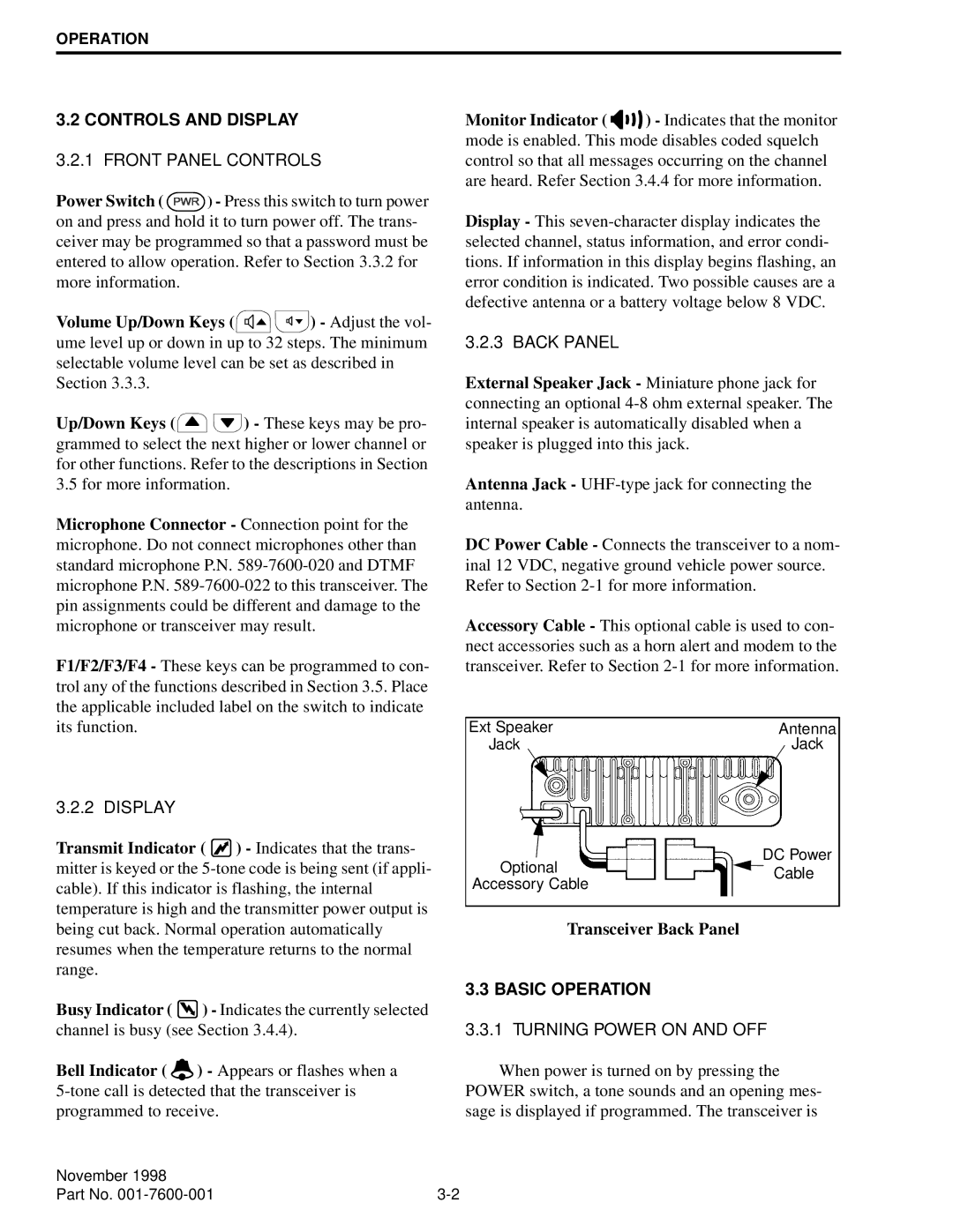 EFJohnson 761X, 764X service manual Controls and Display, Transceiver Back Panel, Basic Operation 