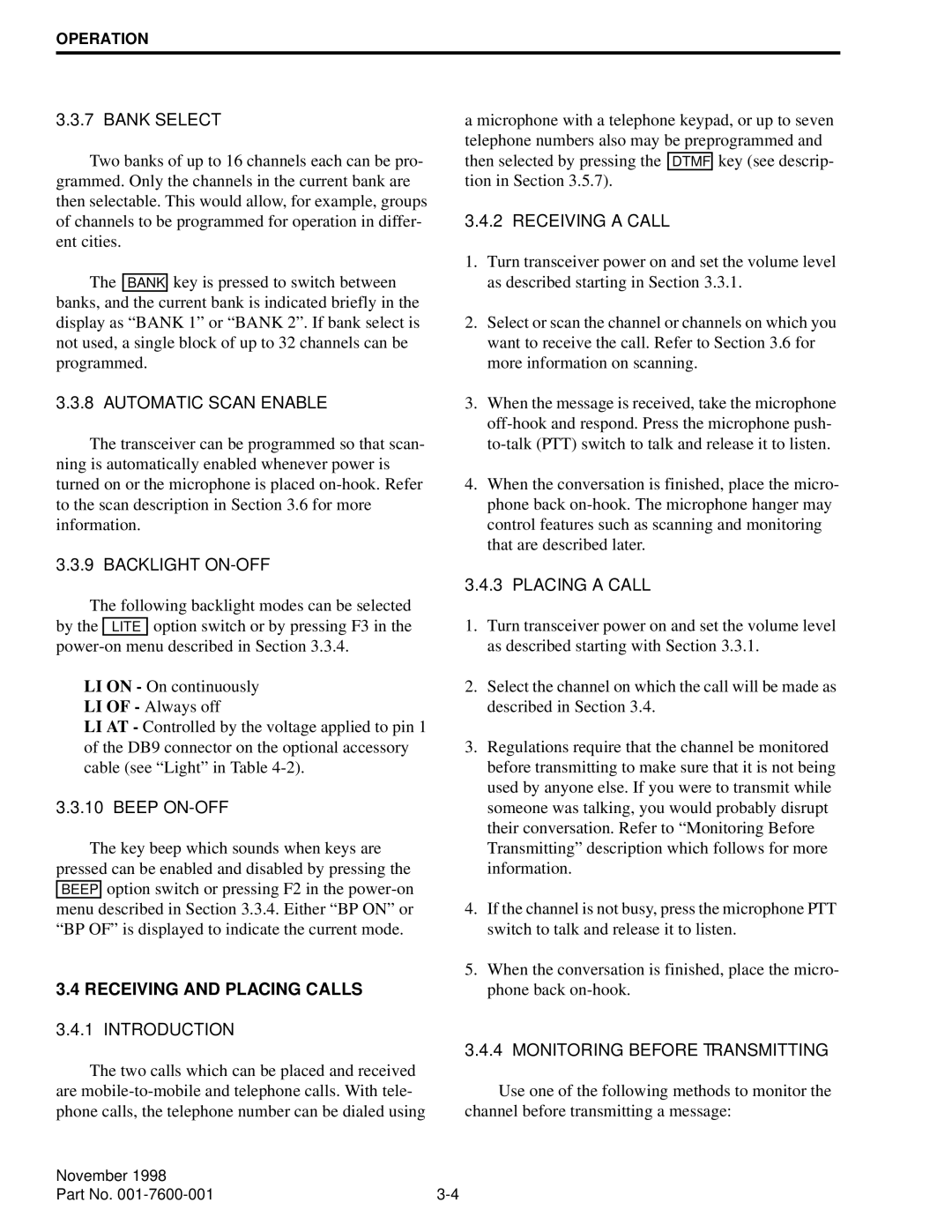 EFJohnson 761X, 764X service manual Receiving and Placing Calls 