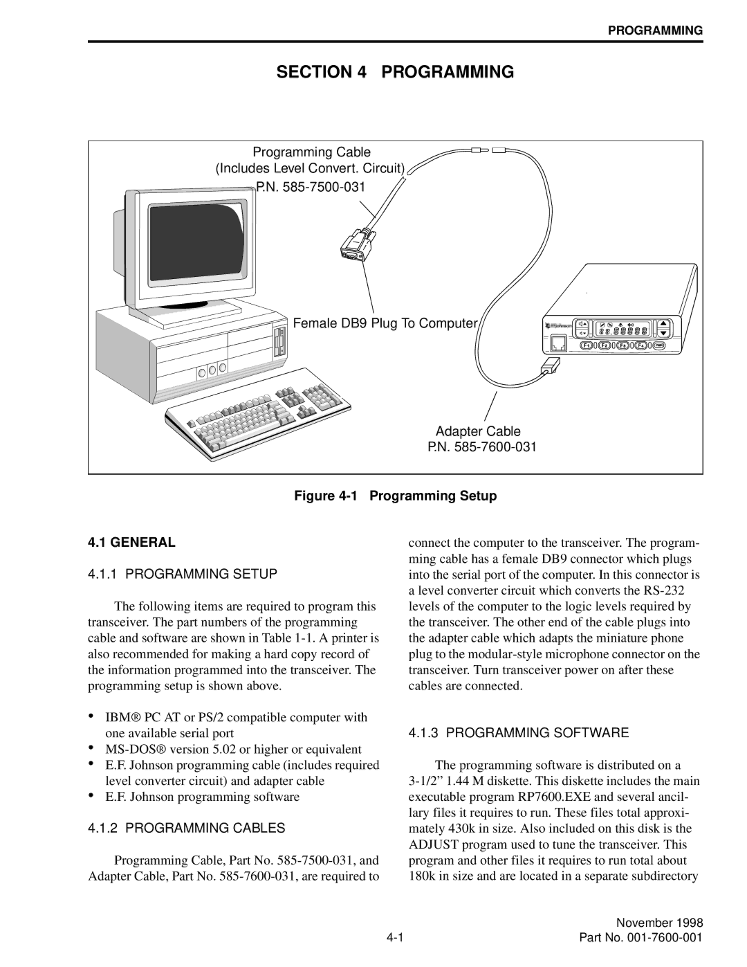 EFJohnson 764X, 761X service manual Section Programming, Programming Setup, Programming Cables, Programming Software 